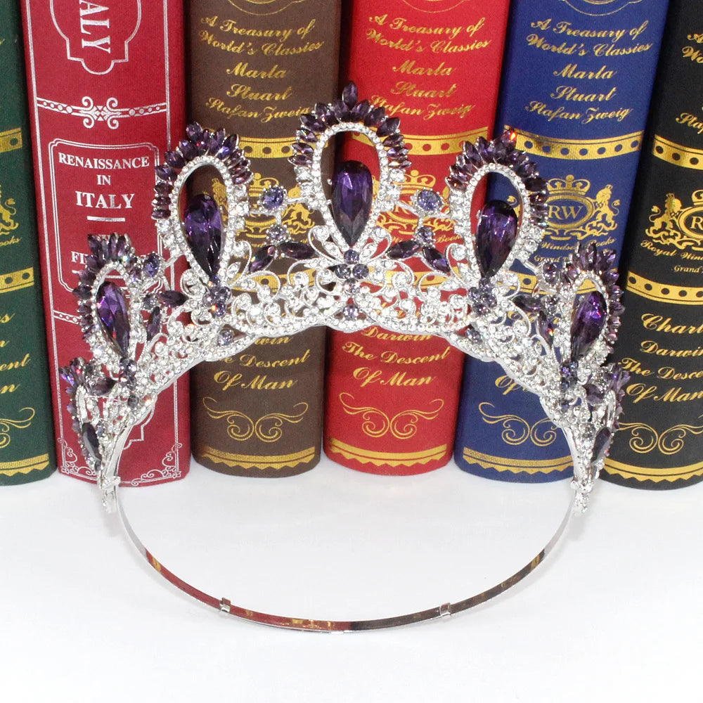 Baroque Miss Universe Crystal Feather Round Bridal Tiaras Crowns Royal Queen Rhinestone Pageant Diadem Wedding Hair Accessories - EUFASHIONBAGS