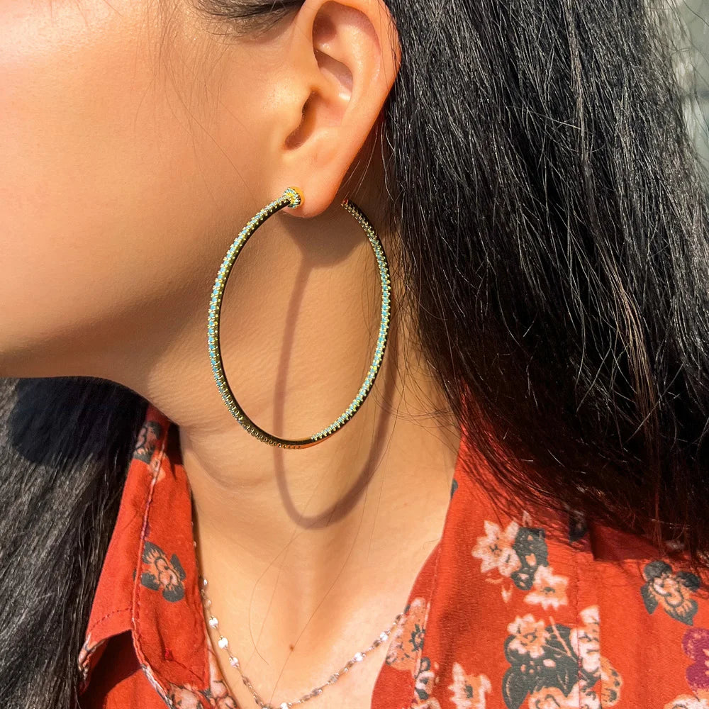 Extra Big Circle Round Blue Turquoise Stone Thin Hoop Earrings for Women New Fashion Engagement Jewelry Gift - EUFASHIONBAGS