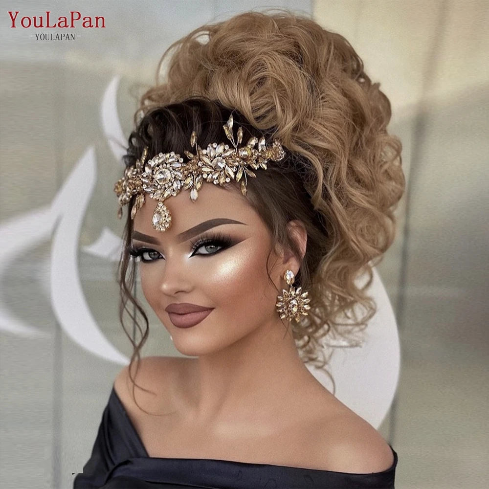 Golden Bridal Headband Forehead Crown for Wedding Hair Accessories Rhinestone Bride Tiara Women Headdresses HP440 - EUFASHIONBAGS