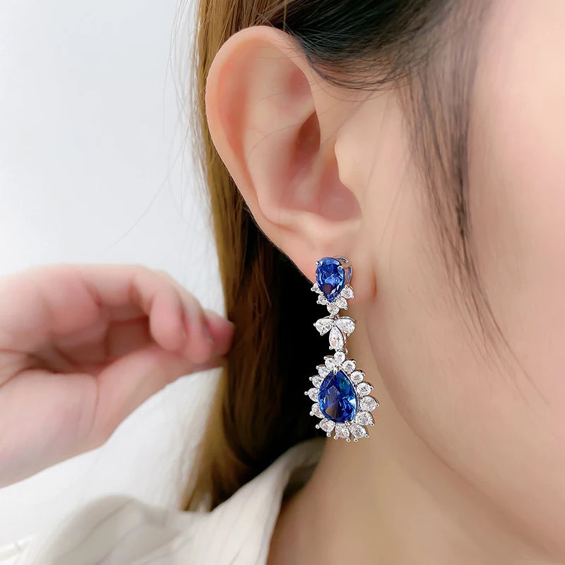 Blue Waterdrop CZ Dangle Earrings for Women Noble Bridal Wedding Earrings Luxury Fashion Female Jewelry Party - EUFASHIONBAGS