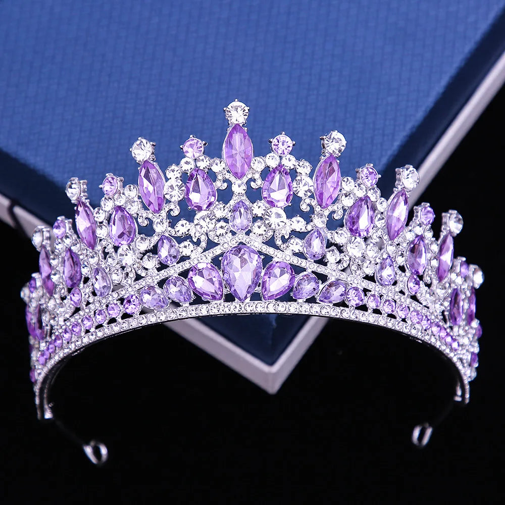 Luxury Pink Crystal Wedding Crown Royal Queen Tiaras Headband AB Color Rhinestone Bridal Headdress Bride Diadem Hair Accessories - EUFASHIONBAGS