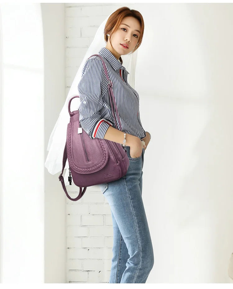 Women Leather Backpacks Zipper Chest Bag Sac a Dos Travel Back Pack Bagpack Mochilas School Bags for Teenage Girls - EUFASHIONBAGS