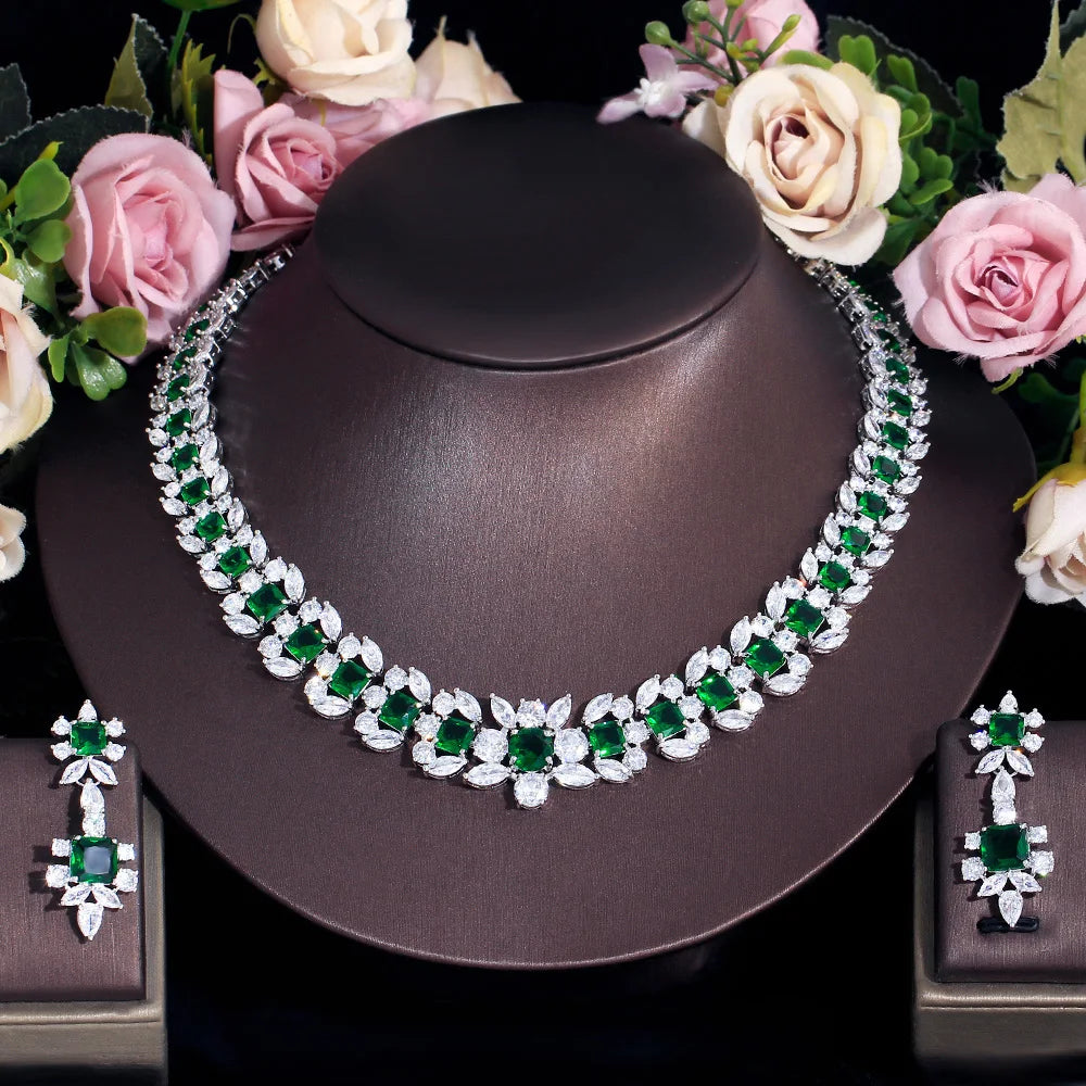 Luxurious Green Cubic Zirconia Big Women Wedding Event Costume Necklace Earrings Jewelry Sets for Brides - EUFASHIONBAGS