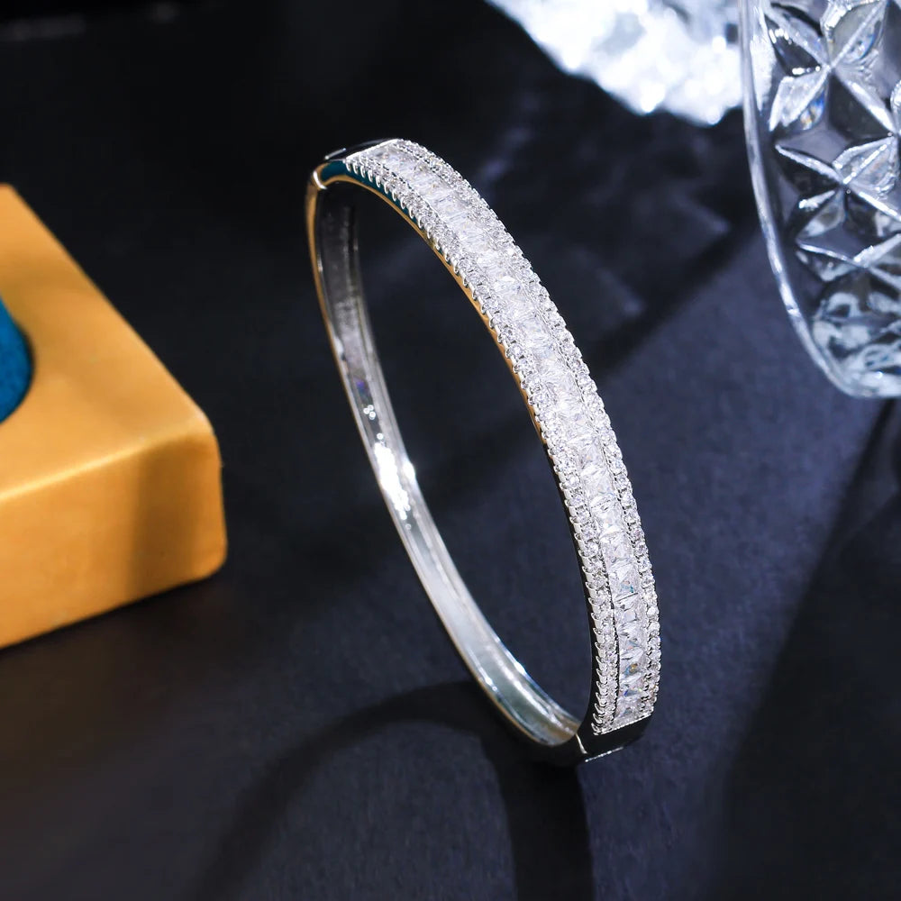 Bling Square Cut Cubic Zirconia White Gold Plated Open Cuff Bangle for Women Chic Boho Summer Jewelry - EUFASHIONBAGS