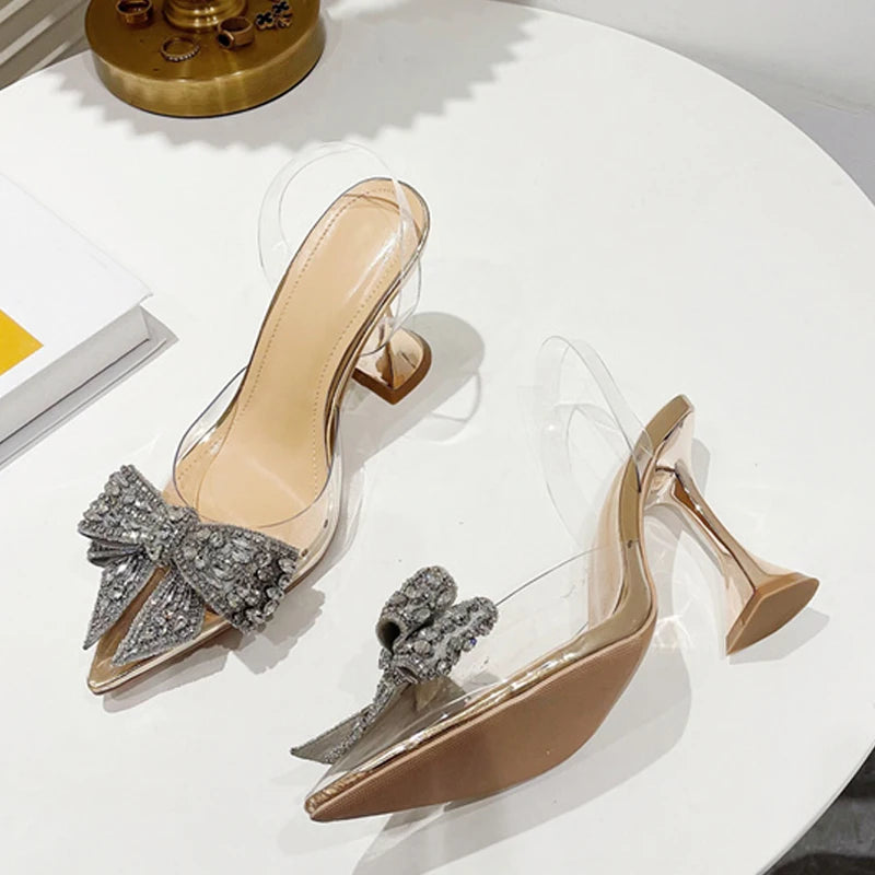 Fashion Crystal Sequined Bowknot Women Pumps Sexy Pointed Toe High Heels Wedding Prom Shoes PVC Transparent Sandals - EUFASHIONBAGS