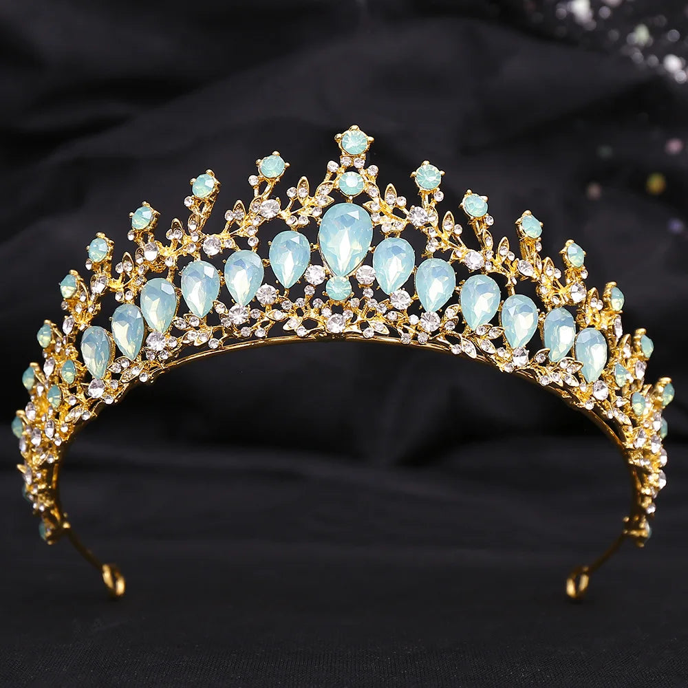 Baroque Luxury Silver Color Green Opal Water Drop Crystal Tiaras For Women Wedding Birthday Party Elegant Crown Hair Accessories - EUFASHIONBAGS