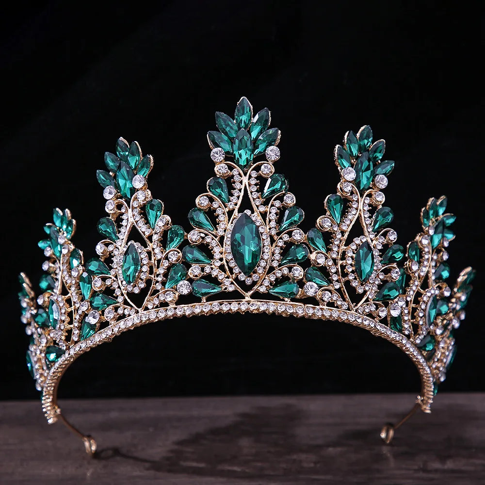 Luxury Green Color Crystal Wedding Crown Bridal Hair Accessories Women Baroque Crown Rhinestones Tiaras Bride Queen Party Crowns - EUFASHIONBAGS