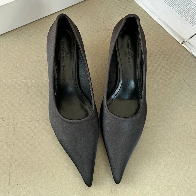 Silk Luxury High Heel Dress Shoes Women Shallow Pointed Toe Low Heel Office Shoes Comfy Footwear Women Zapatos De Mujer