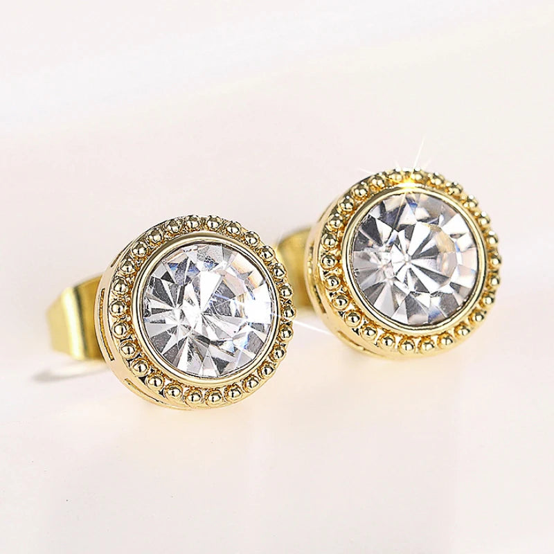 Classic Round Cubic Zirconia Stud Earrings for Women Gold Color Simple and Elegant Female Earrings Timeless Style Jewelry - EUFASHIONBAGS