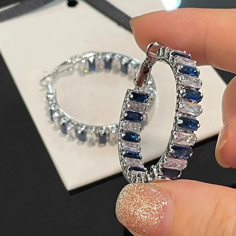 Blue/White CZ Hoop Earrings Full Bling Iced Out Engagement Wedding Party Luxury Trendy Jewelry for Women New - EUFASHIONBAGS