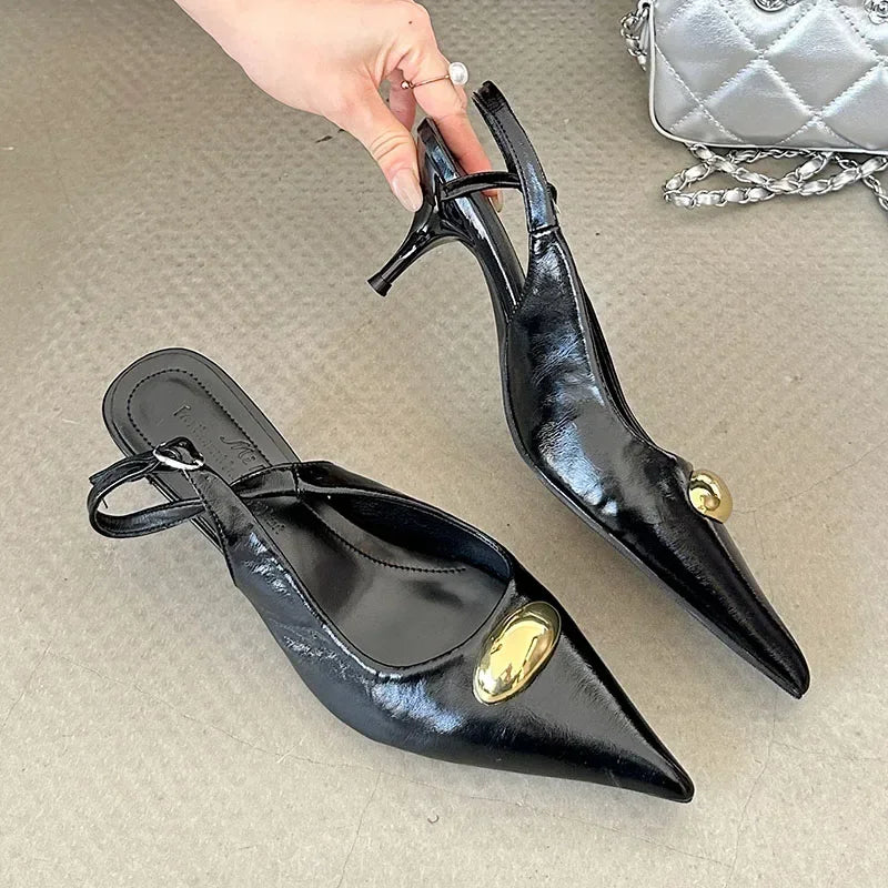 Metal Buckle Design Brand High Heels Women Sexy Pointed Slingbacks Sandals Female Fashion Banquet Dress Shoes Zapatos De Mujer