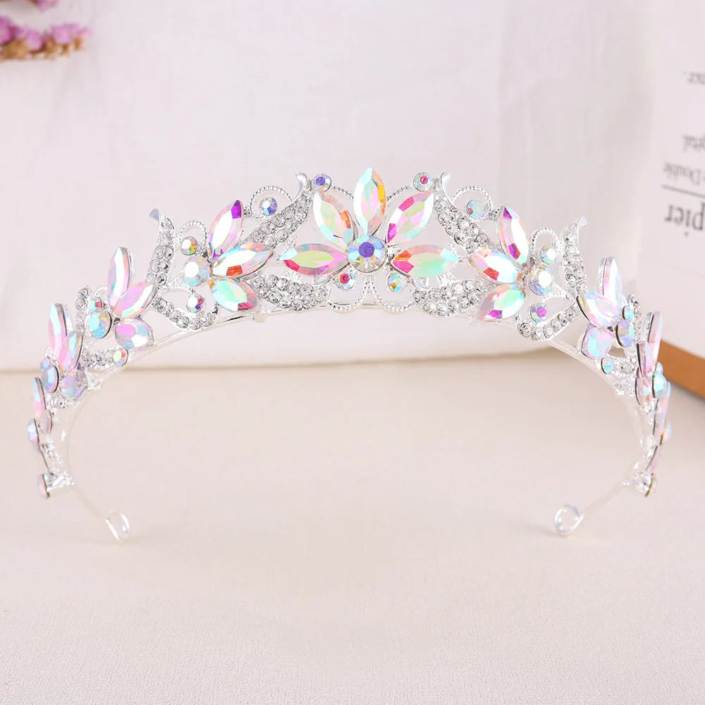 Baroque Opal Leaf Wedding Hair Tiara Crystal Bridal Tiara Crown Silver Color Diadem Veil Tiaras Bride Hair Accessories Headpiece - EUFASHIONBAGS