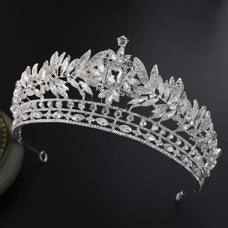 Luxury Royal Queen Crystal Leaf Wedding Crown for Women Rhinestone Diadem Banquet Tiaras Party Costume Hair Jewelry Accessories - EUFASHIONBAGS