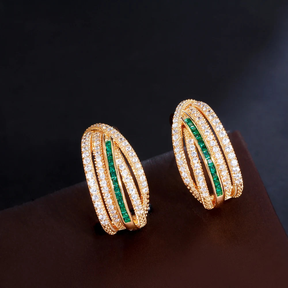 Multiple Geometric Twist Round Green Cubic Zirconia Hoop Earrings for Women Brazilian Gold Plated CZ Jewelry