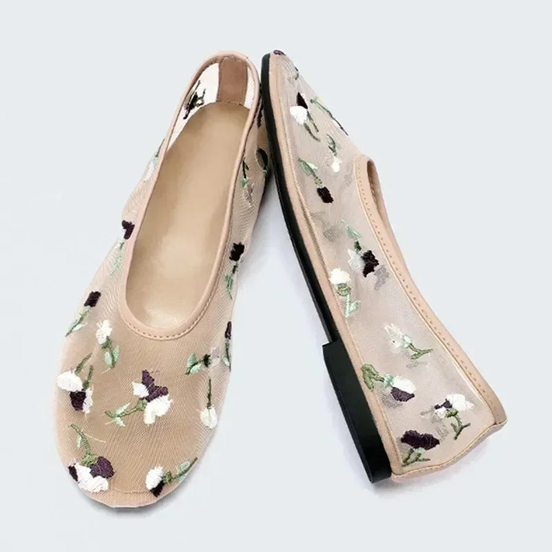 Embroidered Flowers Mesh Ballet Flats Summer Light Hollow Breathable Designer Mary Jane Shoes Women Soft Sole Brand Mules Shoe