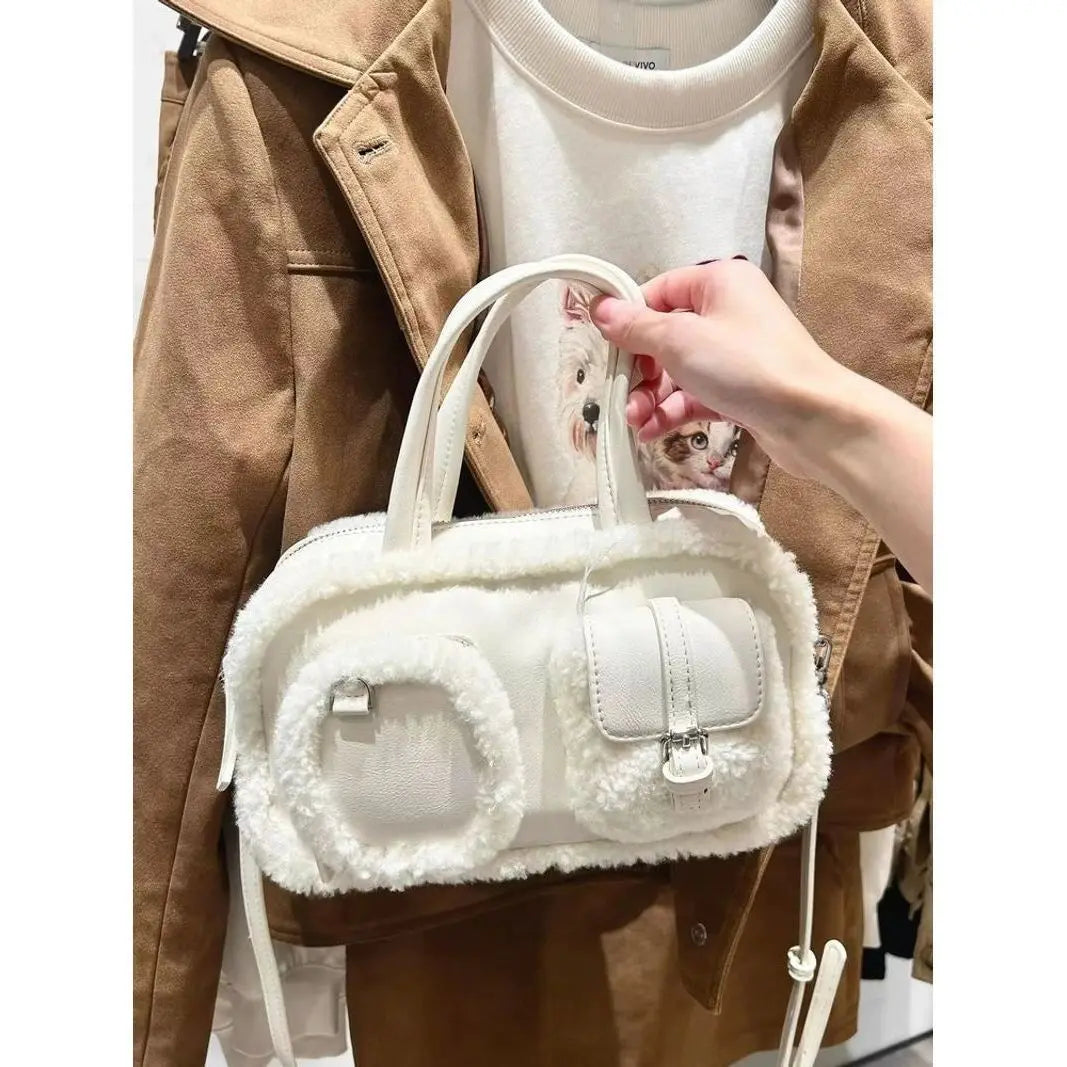 Hot Girls White Handbag Bowling Bag Women High Street Handle Pocket Suede Crossbody Bags Ladies Retro Y2k Hand Bag