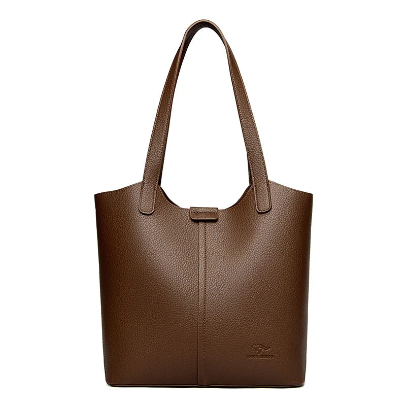 Genuine Brand Soft Leather Shoulder Bag For Women Casual Tote Bag Solid Color Purse Simple Design Handbag Commuting Sac