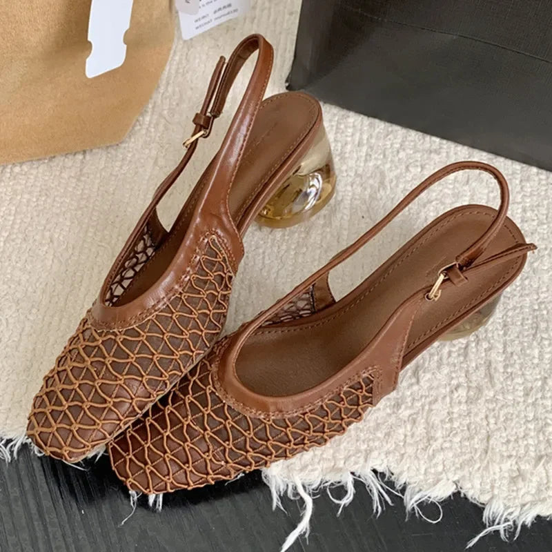 Summer 2025 Mesh Sandals Women Fashion Shallow Square Toe Slingbacks Shoes Comfort Strange Style High Heels Zapatos De Mujer