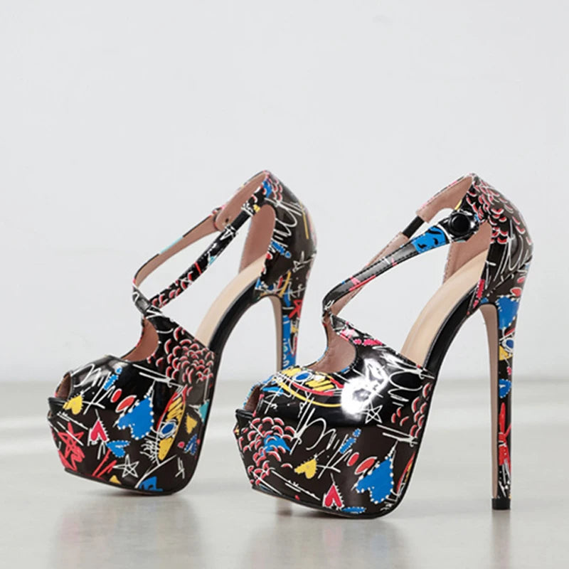 Hand-Painted Leather Platform Pumps Women Sexy Peep Toe 16CM Extreme High Heels Stiletto Party Banquet Shoes