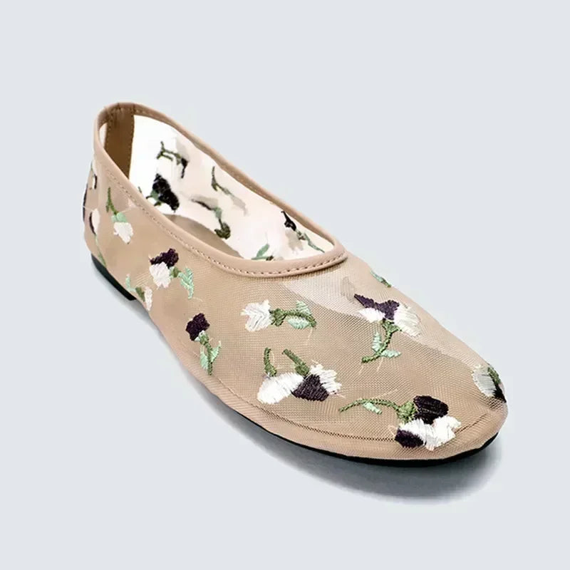 Embroidered Flowers Mesh Ballet Flats Summer Light Hollow Breathable Designer Mary Jane Shoes Women Soft Sole Brand Mules Shoe