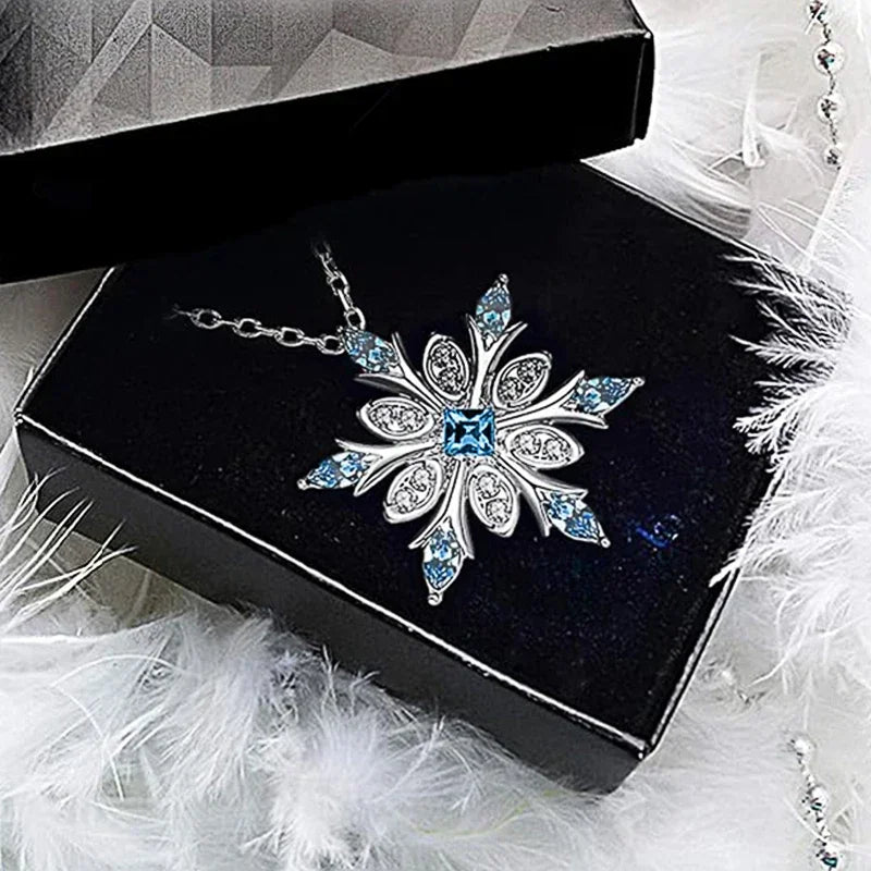 Sky Blue Snowflake Necklace Women for Wedding Party Romantic Anniversary Gift Christmas Exquisite Girls Jewelry - EUFASHIONBAGS