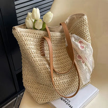 Load image into Gallery viewer, Vintage Women Woven Shoulder Bag Solid Color Lace Ribbon Tote Handbags Wicker Boho Straw Bag for Beach Handle Beige Bag