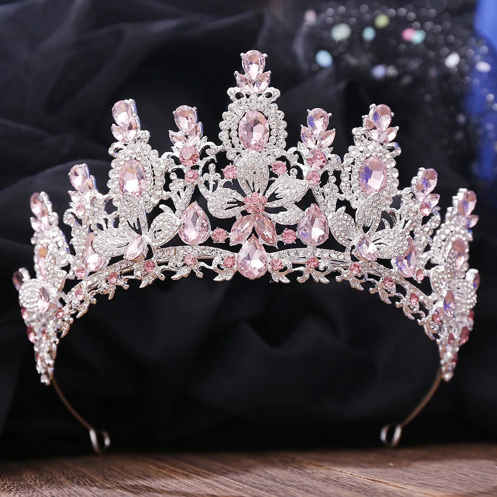 Luxury Pink Opal Royal Queen Wedding Crown Rhinestone Crystal Bridal Diadem Pageant Headdress Bride Tiara Hair Jewelry Accessory - EUFASHIONBAGS