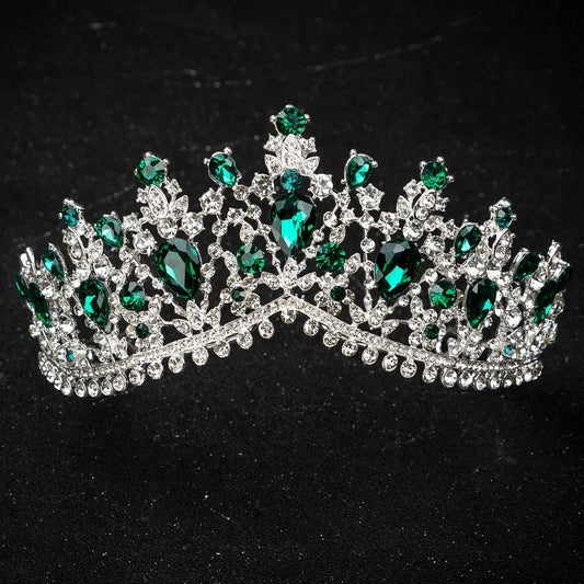 Baroque Luxury Silver Color Green Crystal Bridal Crowns Tiara Rhinestone Diadem Tiaras for Bride Headbands Wedding Accessories