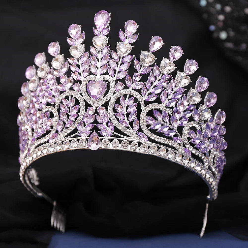 Luxury High Royal Queen AB Color Wedding Crowns Comb Women Purple Crystal Banquet Tiaras Party Costume Hair Jewelry Accessories - EUFASHIONBAGS