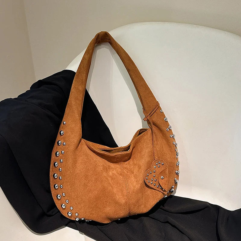 Women's Shoulder Bag European and American Style Rivet Handbag Suede Retro Half Moon Soft Armpit Bag - EUFASHIONBAGS