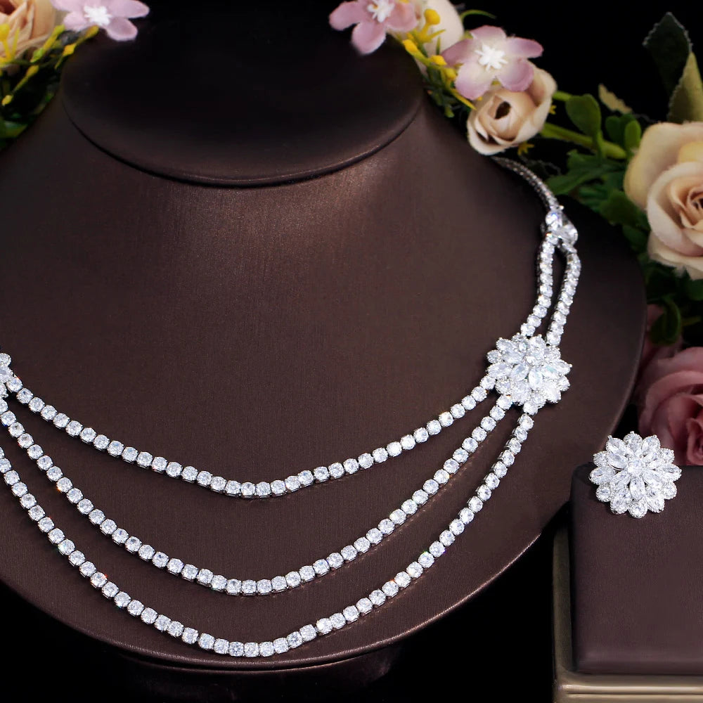 White Cubic Zirconia Big Flower Multi Layered Necklace Wedding Party Costume Jewelry Sets for Brides - EUFASHIONBAGS