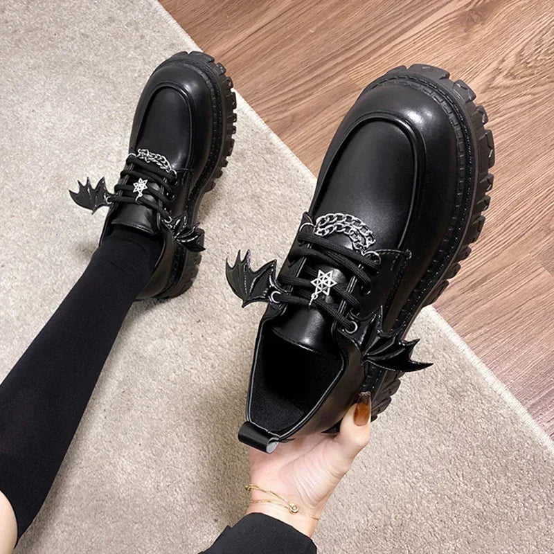 Metal Chain Gothic Platform Shoes Women College Style Wing Footwear Ladies Casual Comfort Mary Jane Fashion Non-slip Loafer Shoe