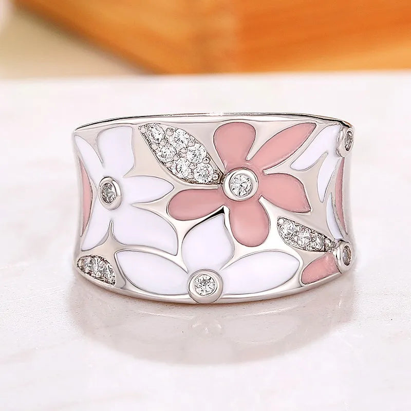 Aesthetic Enamel Flower Finger Ring for Women Wedding Party New 2023 Ring Silver Color Luxury Cubic Zirconia Jewelry Gift