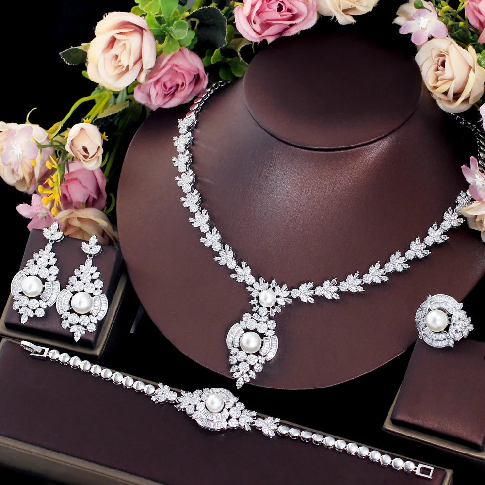 4pcs Cubic Zirconia Luxury White Pearl Necklace Earrings Jewelry Sets for Women Wedding Bridal Party Accessories - EUFASHIONBAGS