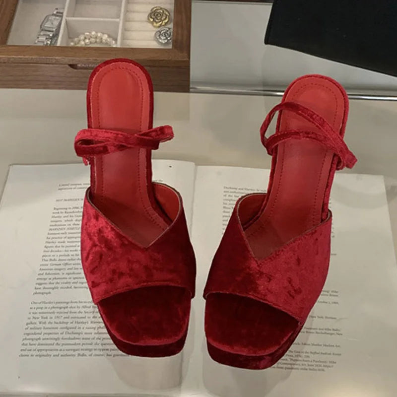 Summer Red Corduroy Chunky Platform Shoes Women Sexy Square Toe Super High Heels Sandal Woman Wedding Banquet Shoe Size 42