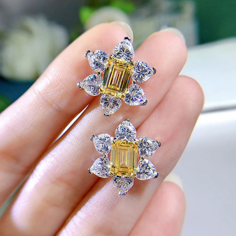 Bright Yellow Flower Shaped CZ Stud Earrings Woman for Engagement Wedding Accessories Fancy Anniversary Gift New Jewelry - EUFASHIONBAGS