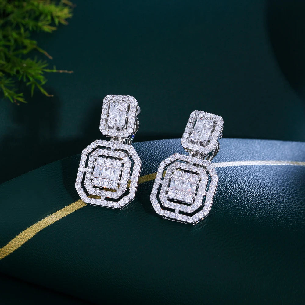 No Ear Hole Design Square Drop Dangle CZ Women Party Wedding Engagement Clip on Earrings Without Piercing - EUFASHIONBAGS