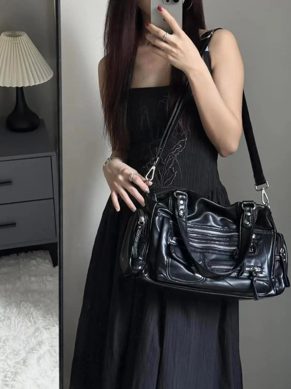 Vintage Black Shoulder Bags Purse Women High Street Pocket Chic Y2k Handbag Female Harajuku Casual Crossbody Bags 2025