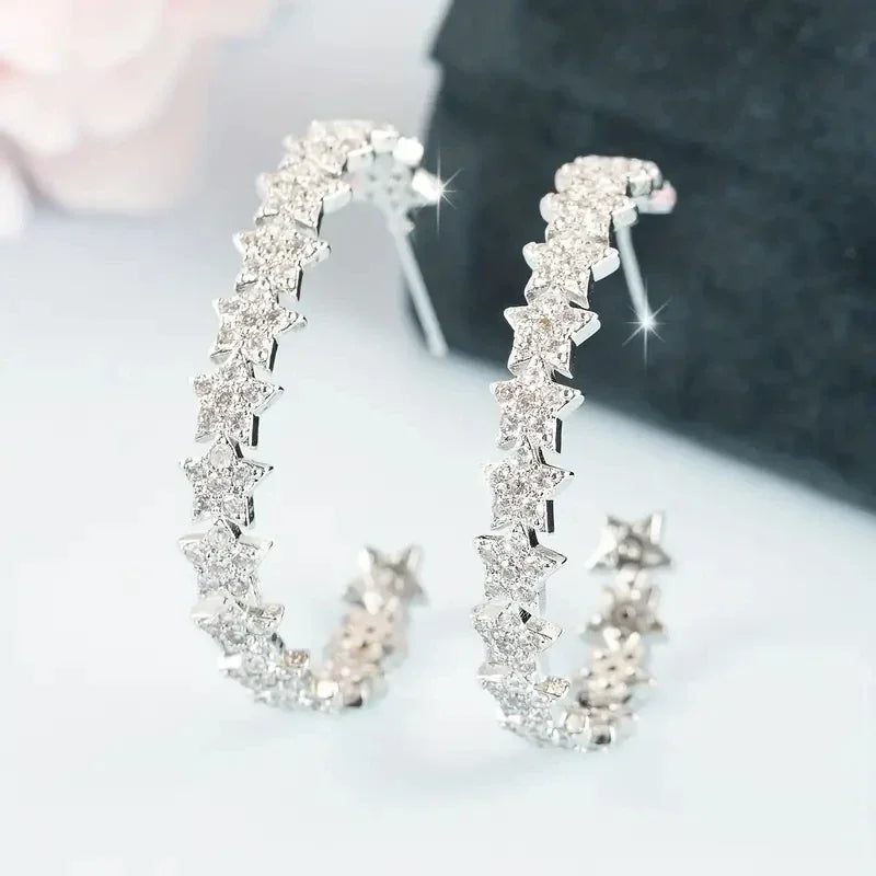 Bling Bling Stars Hoop Earrings Women Silver Color Temperament Sweet Girls Earrings Wedding Party Luxury Trendy Jewelry - EUFASHIONBAGS