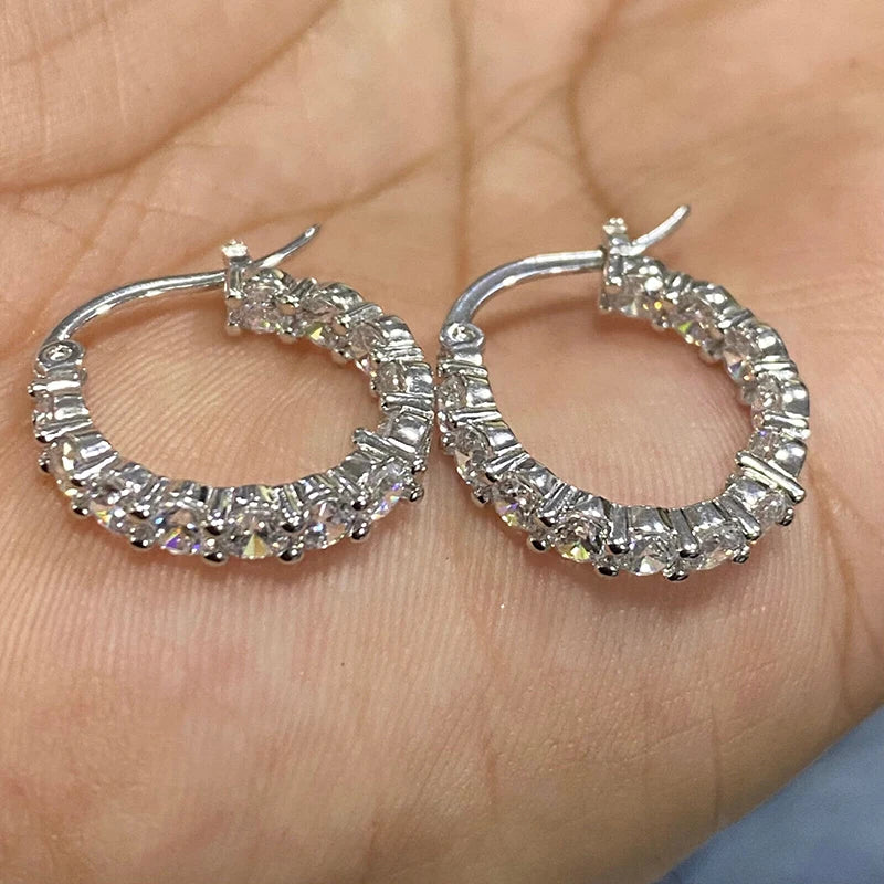 Women Silver Color Hoop Earrings with Shiny Round Zirconia Fashion Graceful Lady Daily Accessories Trendy Jewelry