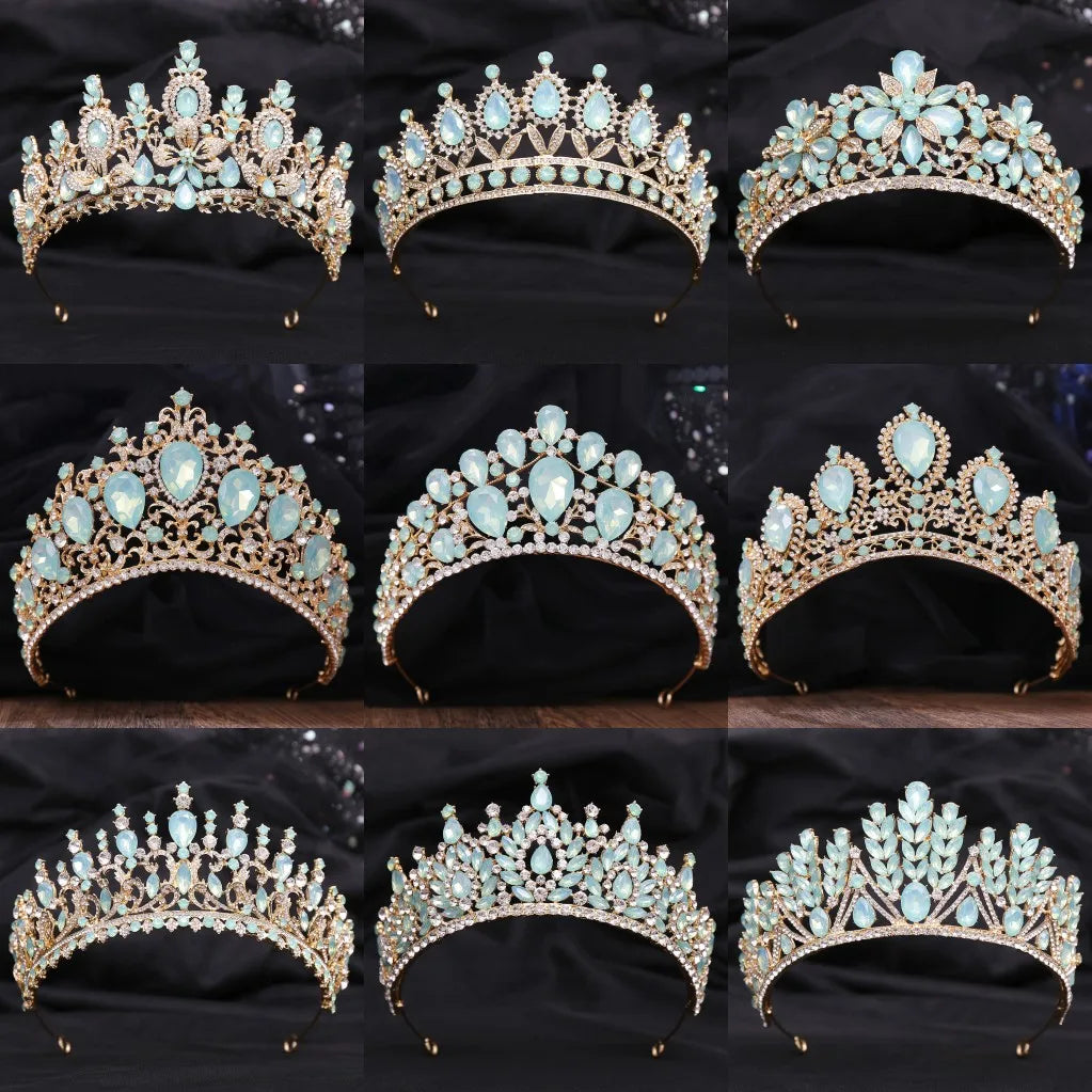 New Luxury Gold Color Green Opal Crystal Flower Water Drop Tiaras Crown Women Wedding Party Diadem Bridal Crown Hair Accessories - EUFASHIONBAGS