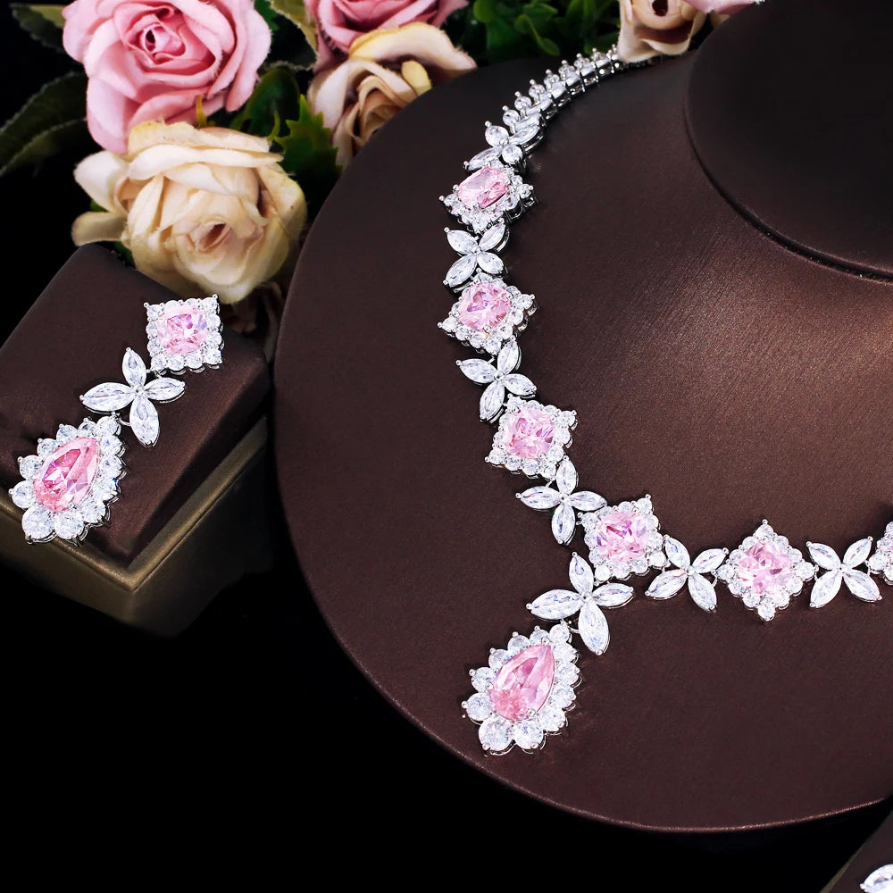 Luxury Super Gorgeous Leaf Drop Pink Cubic Zirconia Wedding Bridal Necklace Earrings Top Jewelry Sets for Brides - EUFASHIONBAGS