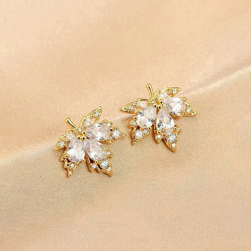 Dainty Maple Leaves Shaped Stud Earrings with Cubic Zirconia Versatile Daily Lady Engagement Jewelry Chic Accessories Hot