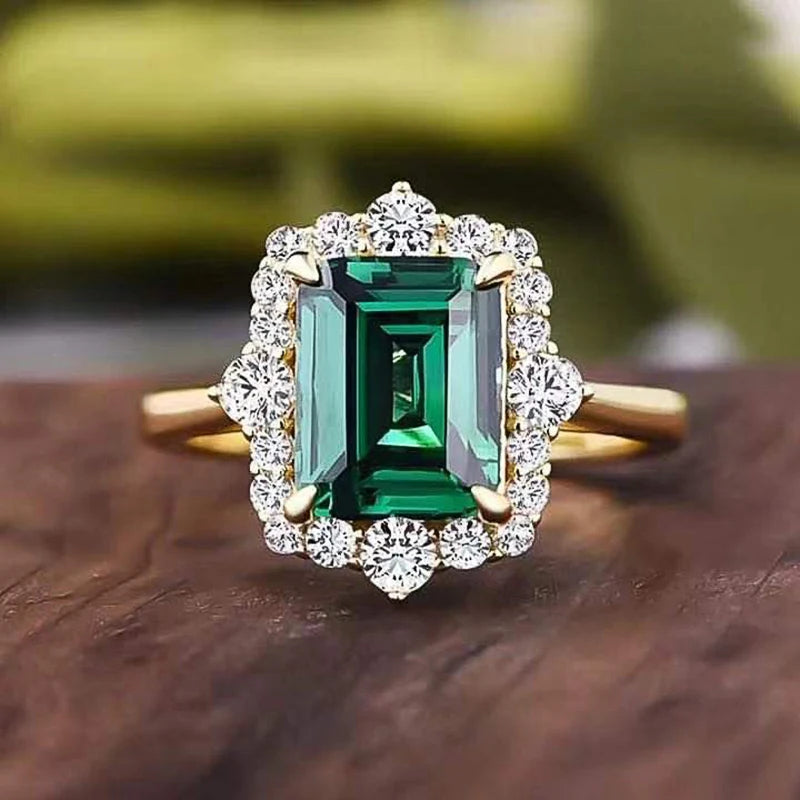 Geometric Square Green Cubic Zirconia Rings for Women Gold Color Luxury Trendy Engagement Wedding Party Accessory Jewelry