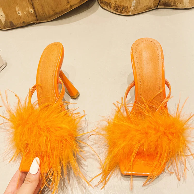 Summer Fashion Yellow Fluffy Furry Women Slippers Mules High Heels Slides Gladiator Sandals Party Banquet Shoes - EUFASHIONBAGS