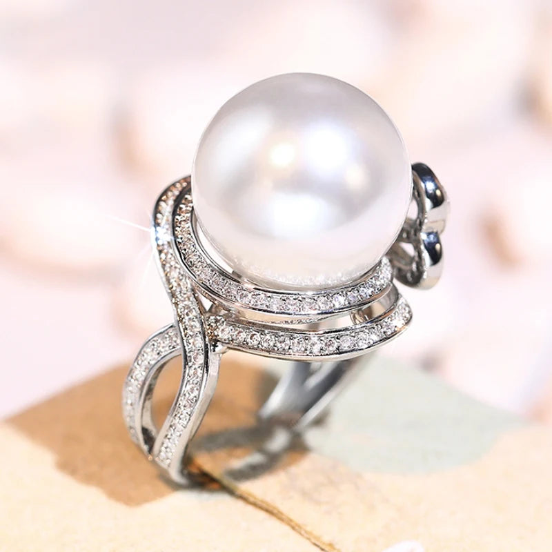 Bowknot Finger Ring Lady Graceful Simulated Pearl Accessories for Wedding Party Bright CZ Jewelry for Engagement