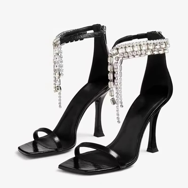 Summer Fashion Crystal Fringe Ankle Zip Cover Strap Women Sandals Rhinestones High heels Gladiator Sandal Party Prom Shoes