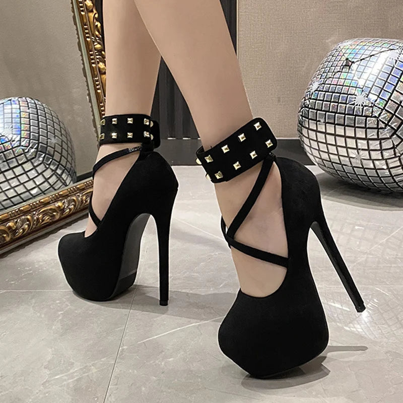 Big Size 43 44 45 Women Pumps Solid Black Round Toe Metal Rivet Ankle Hook Strap Platform High Heels Wedding Banquet Shoes - EUFASHIONBAGS