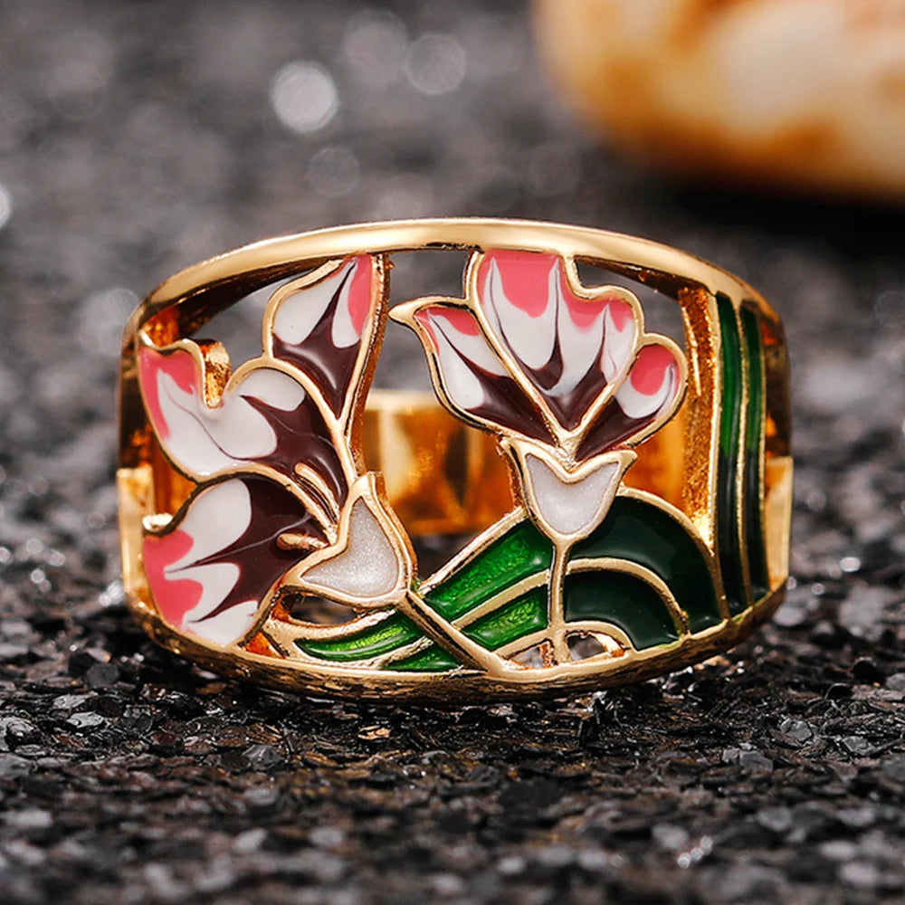 Aesthetic Enamel Flower Finger Ring for Women Wedding Party New 2023 Ring Silver Color Luxury Cubic Zirconia Jewelry Gift