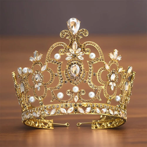 Large Royal Crystal Tiara Crowns For Women/Men Pageant Prom Diadem Luxury Pearl Headpiece Beauty Girl Hair Jewelry Accessories